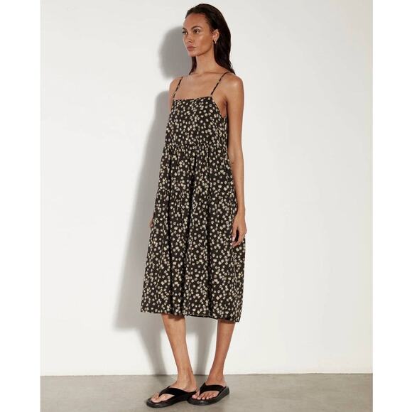 ENZA COSTA Tiered Spaghetti strap Dress Womens Small Black Floral Print Cotton - Picture 2 of 16